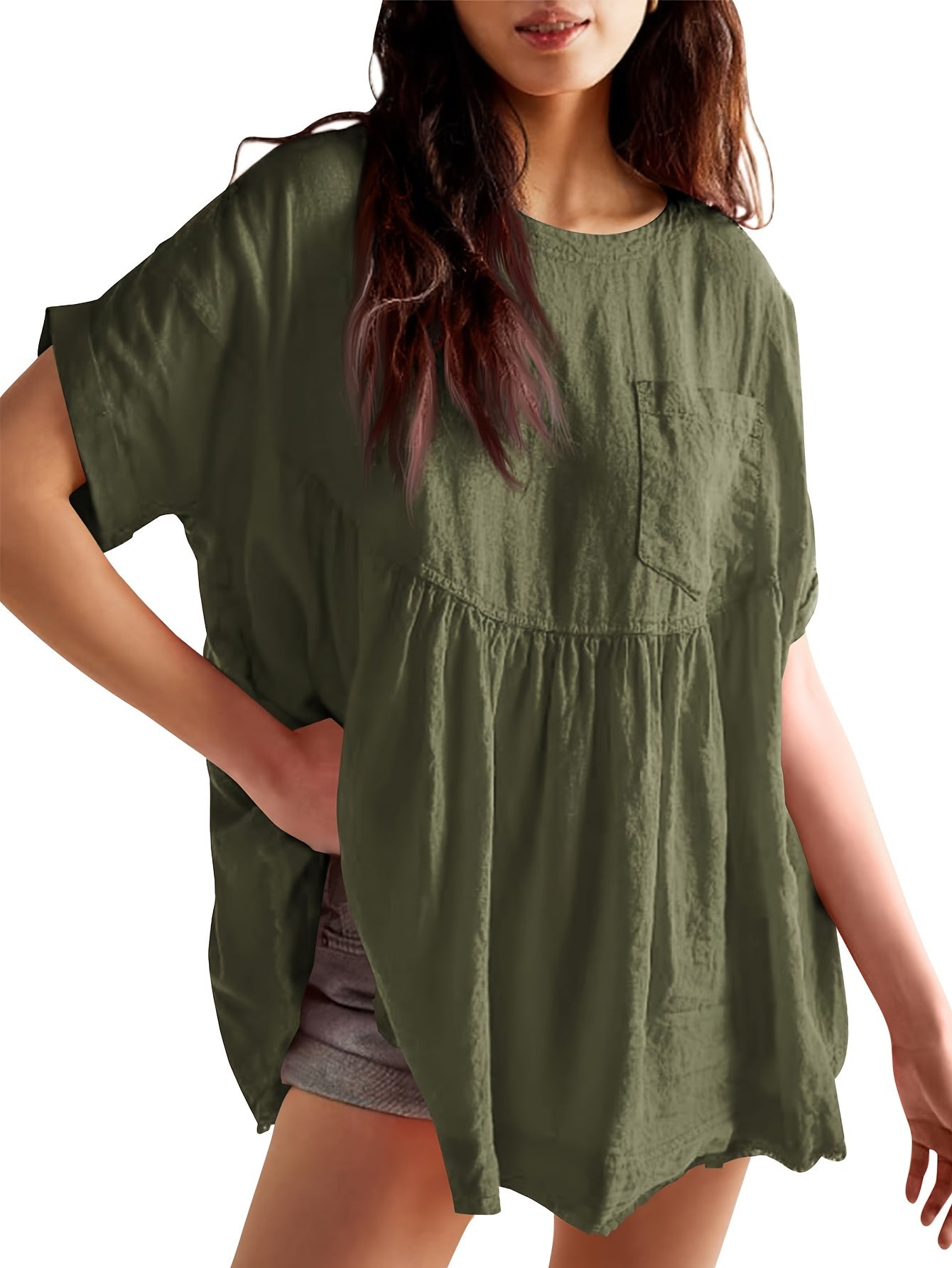 Women's Solid Color Tunic - Crew Neck Short Sleeve – Beige option – view 3