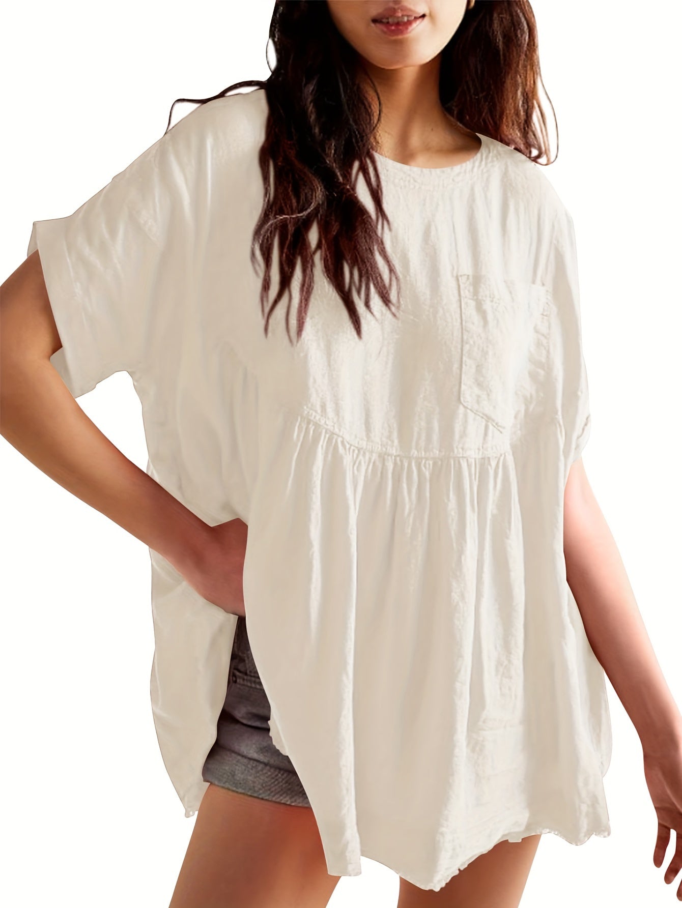 Women's Solid Color Tunic - Crew Neck Short Sleeve – Beige option – view 4