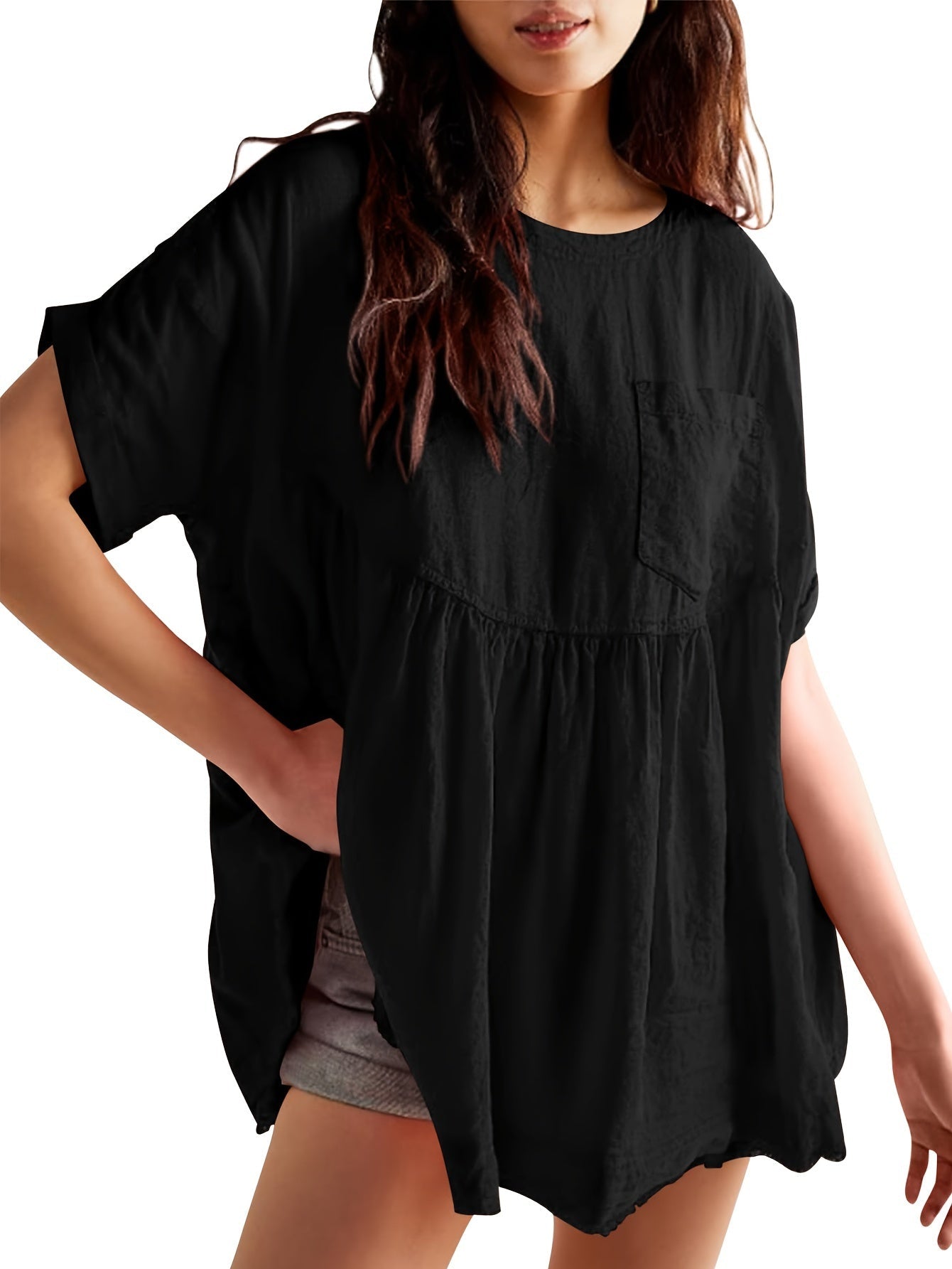Women's Solid Color Tunic - Crew Neck Short Sleeve – Beige option – view 6