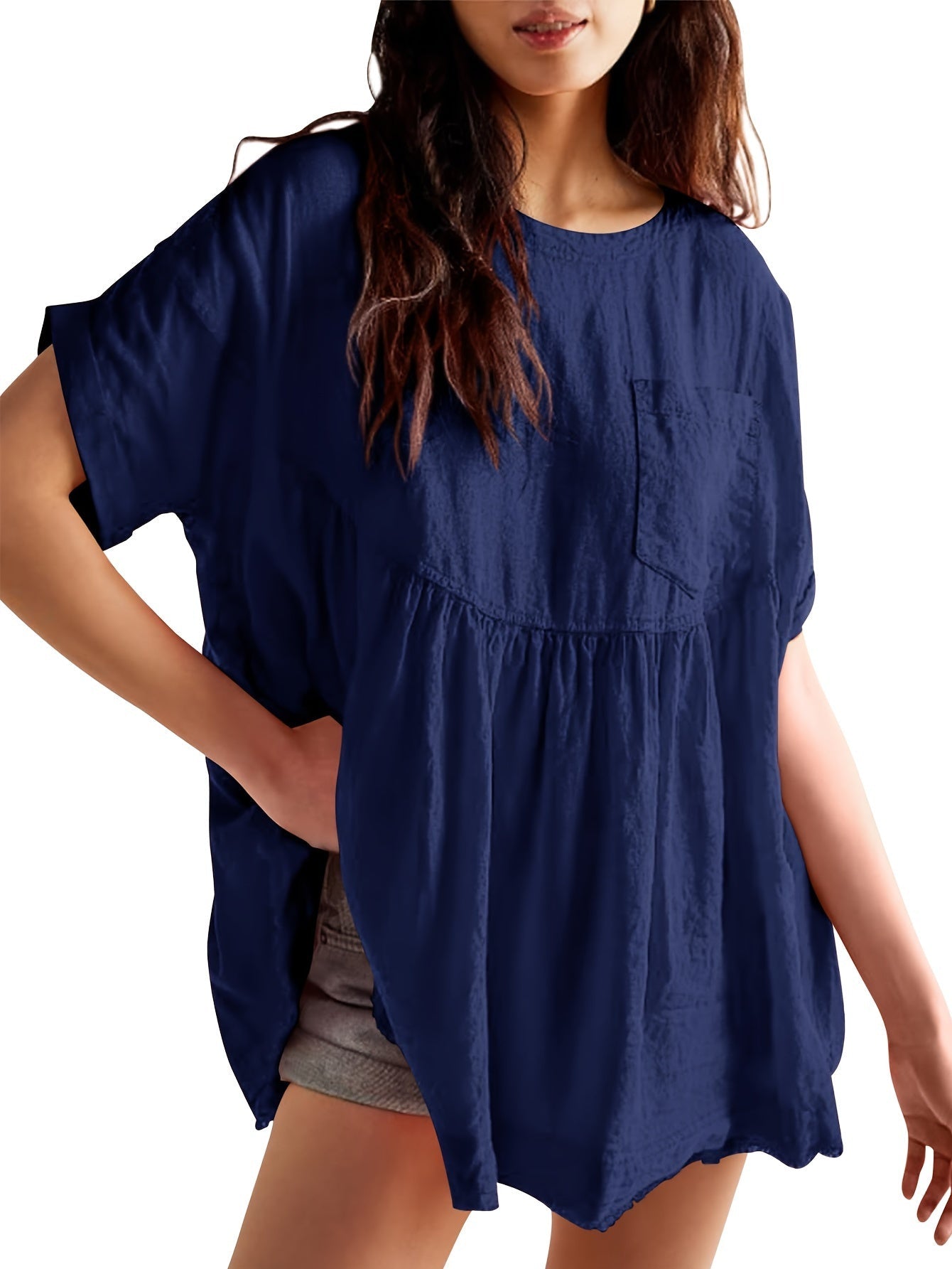 Women's Solid Color Tunic - Crew Neck Short Sleeve – Beige option – view 9