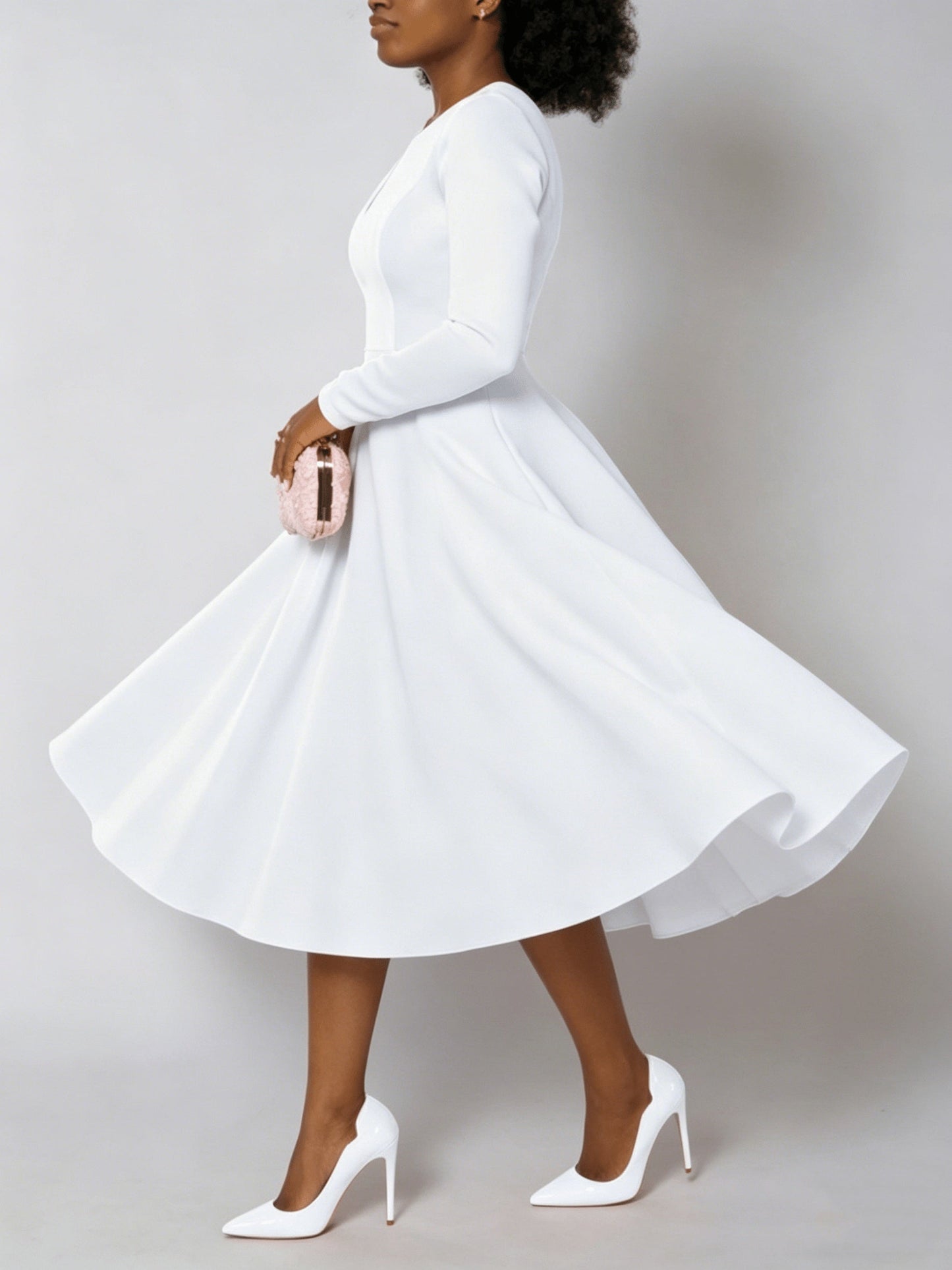 Women's Solid Crew Neck Maxi A-Line Dress - Pleated detail view
