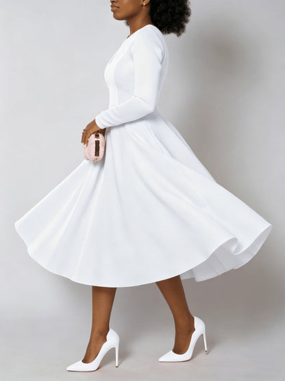 Women's Solid Crew Neck Maxi A-Line Dress - Pleated detail view