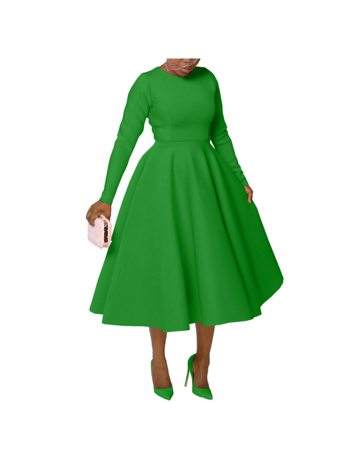 Women's Solid Crew Neck Maxi A-Line Dress - Pleated – Green option – view 4