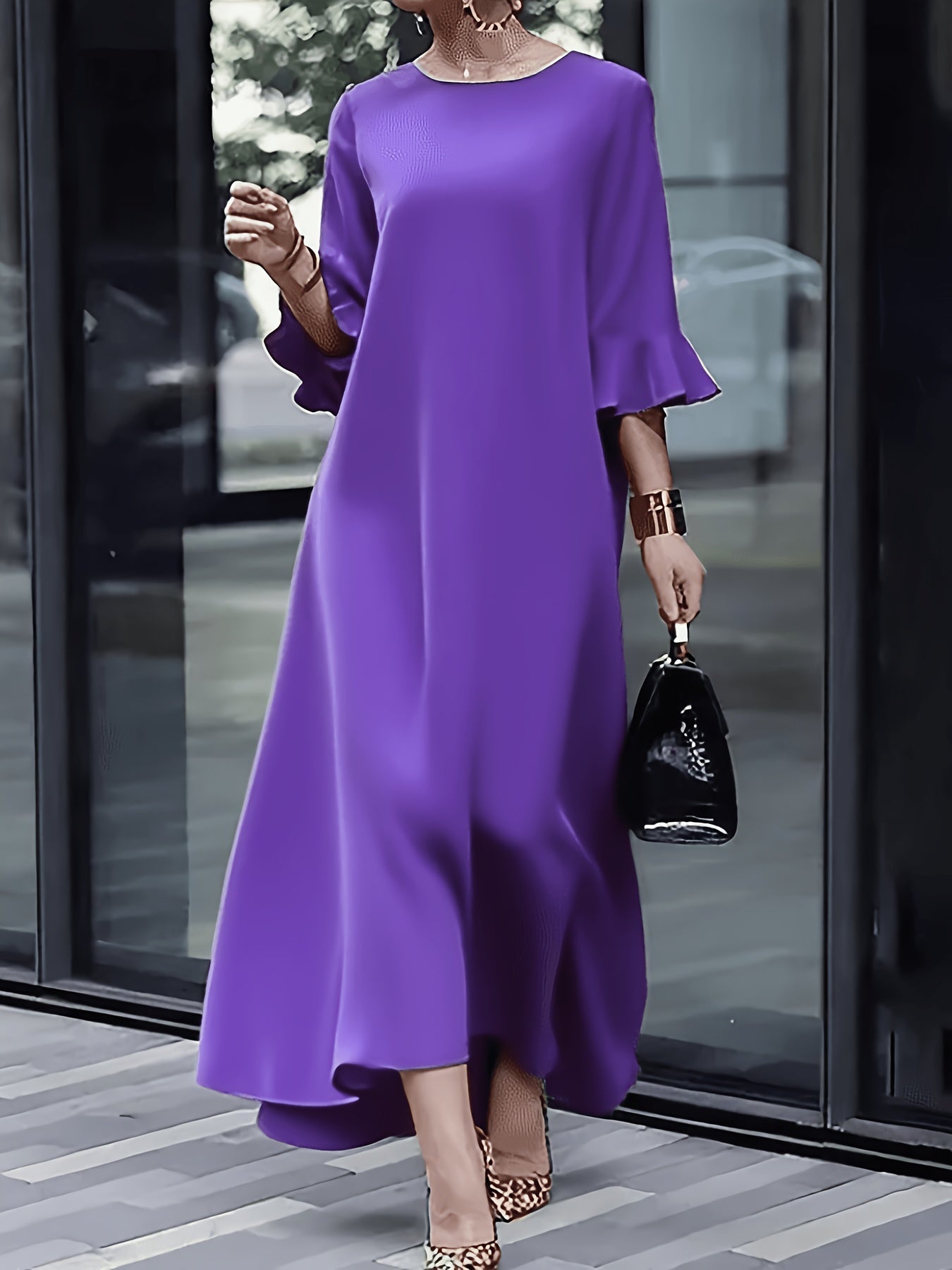 Women's Solid Crew Neck Maxi A-Line Dress - Ruffle detail view