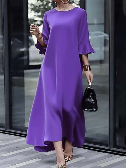 Women's Solid Crew Neck Maxi A-Line Dress - Ruffle detail view