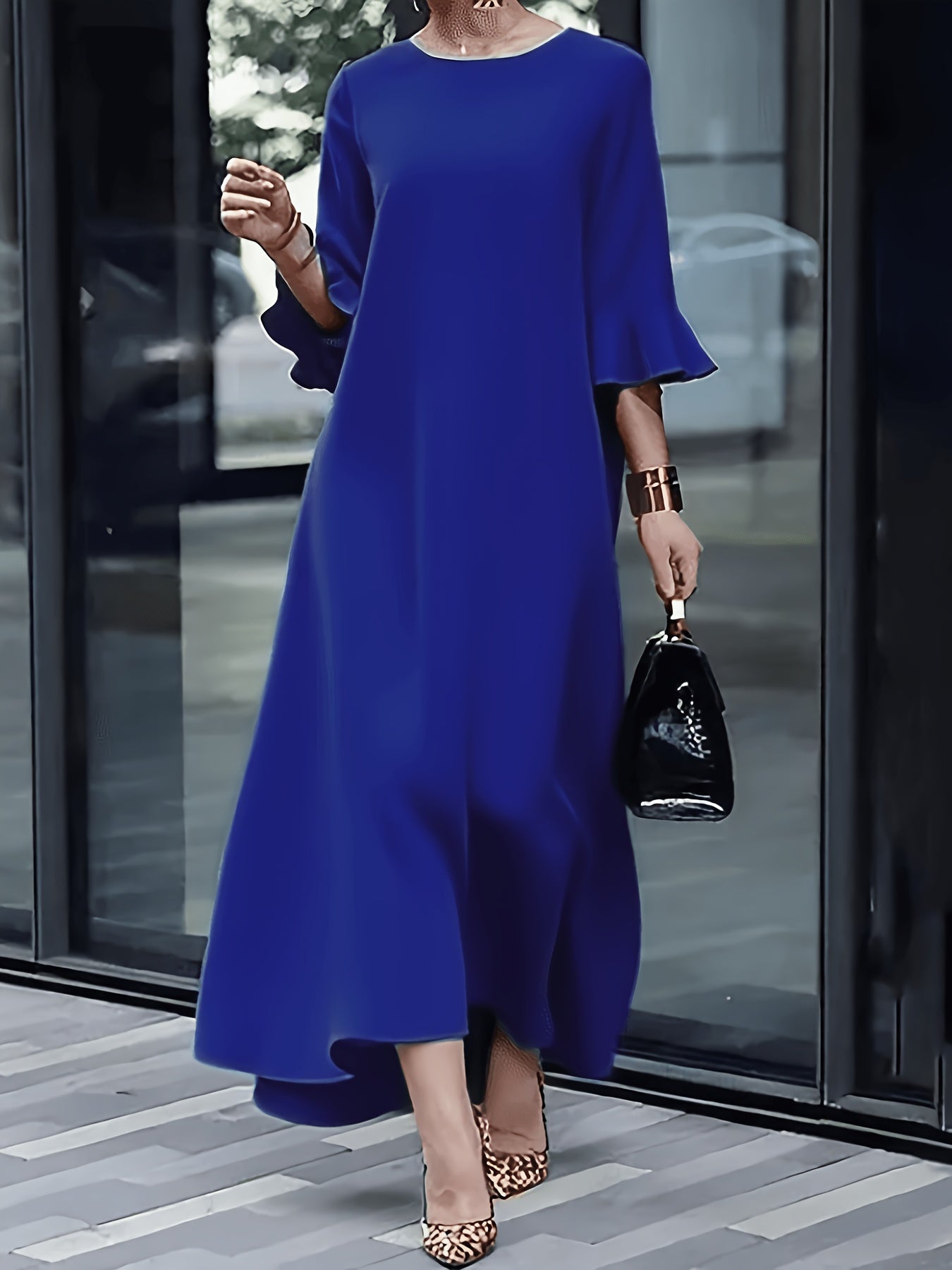 Women's Solid Crew Neck Maxi A-Line Dress - Ruffle detail view