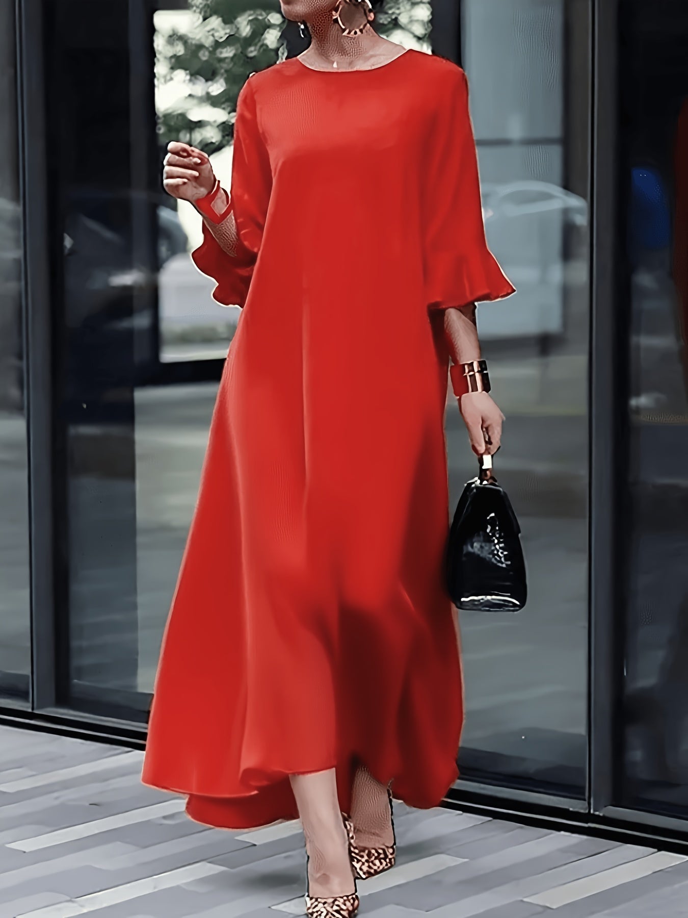 Women's Solid Crew Neck Maxi A-Line Dress - Ruffle detail view