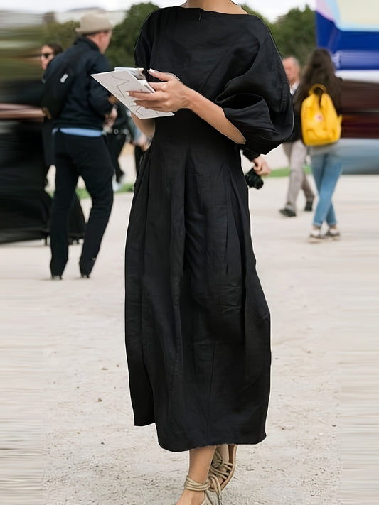 Women's Solid Crew Neck Maxi Casual Dress - Puff Sleeve – main product image
