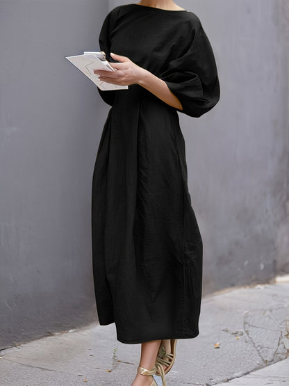 Women's Solid Crew Neck Maxi Casual Dress - Puff Sleeve detail view