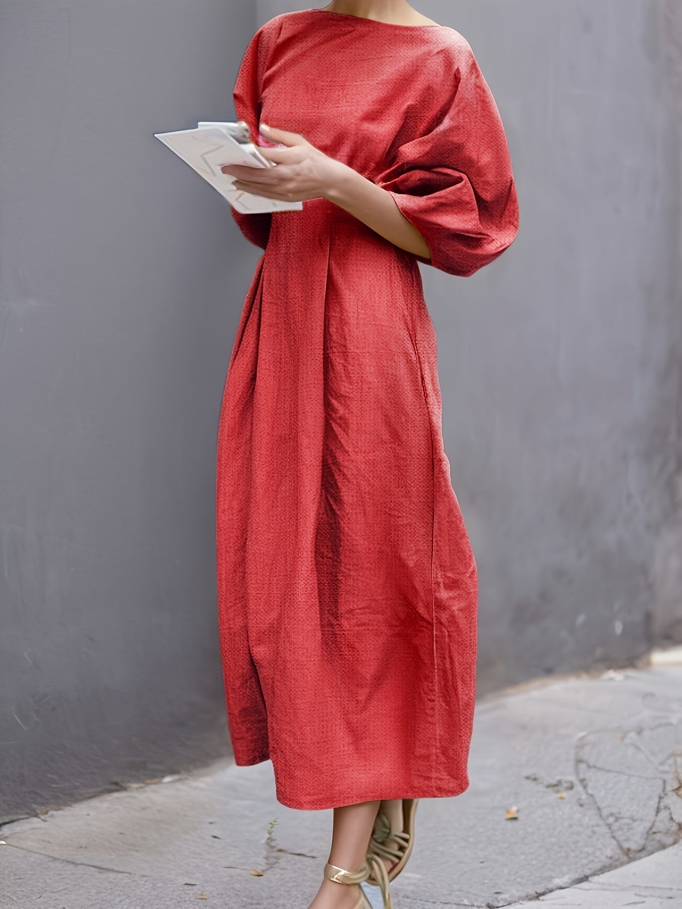 Women's Solid Crew Neck Maxi Casual Dress - Puff Sleeve detail view