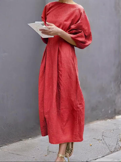 Women's Solid Crew Neck Maxi Casual Dress - Puff Sleeve detail view