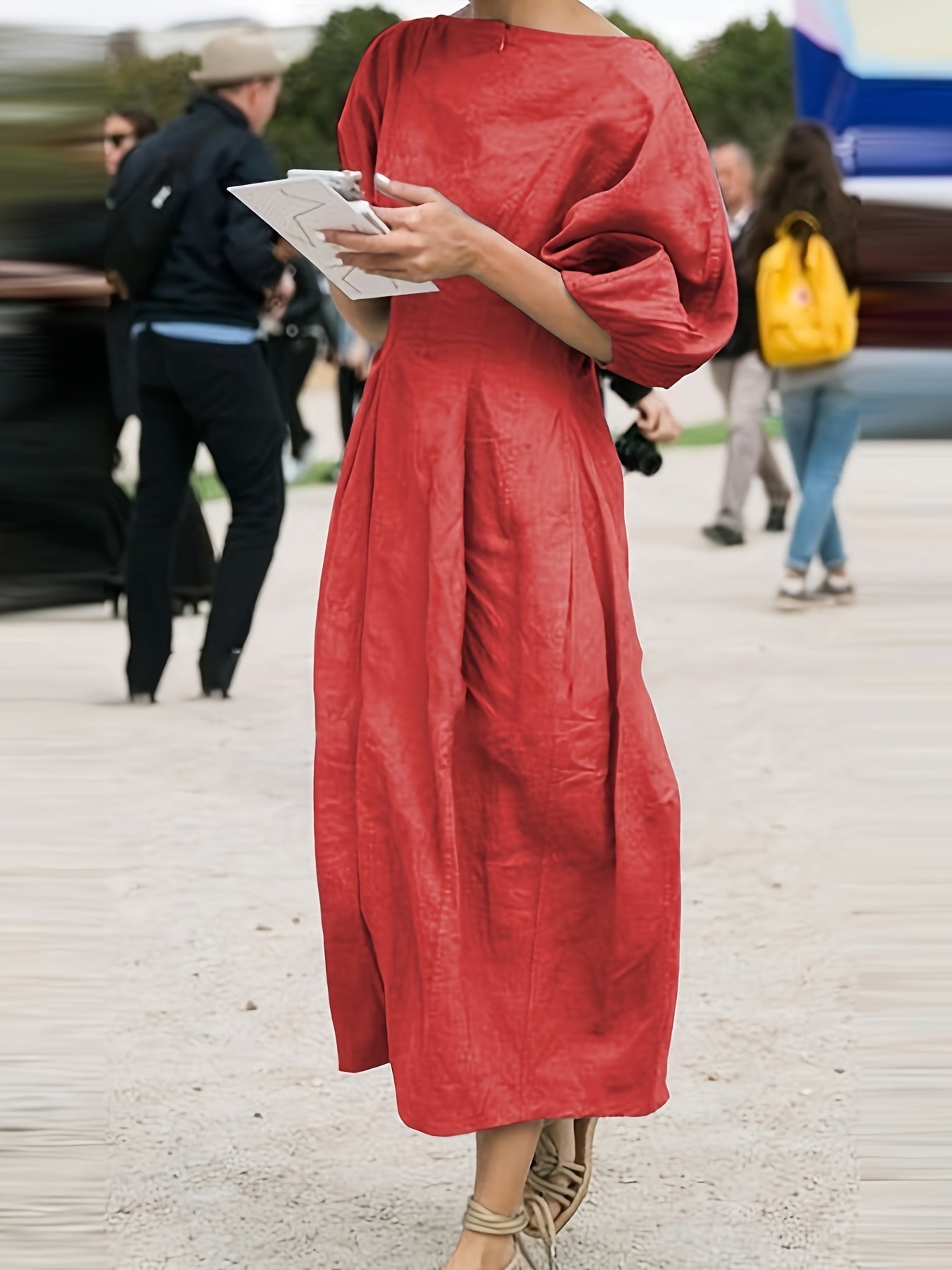 Women's Solid Crew Neck Maxi Casual Dress - Puff Sleeve detail view