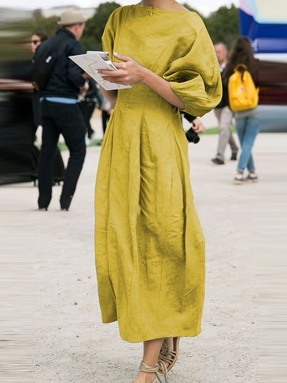 Women's Solid Crew Neck Maxi Casual Dress - Puff Sleeve detail view