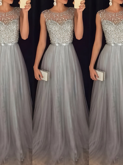 Women's Solid Crew Neck Maxi Cocktail Dress - Sleeveless Party Ready detail view