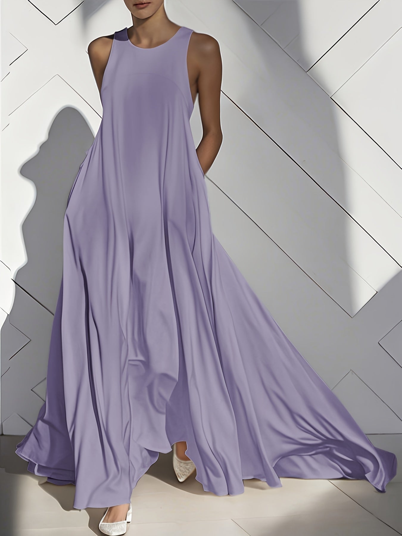 Women's Solid Crew Neck Maxi Vacation Dress - Ruffle detail view