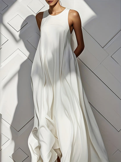 Women's Solid Crew Neck Maxi Vacation Dress - Ruffle detail view