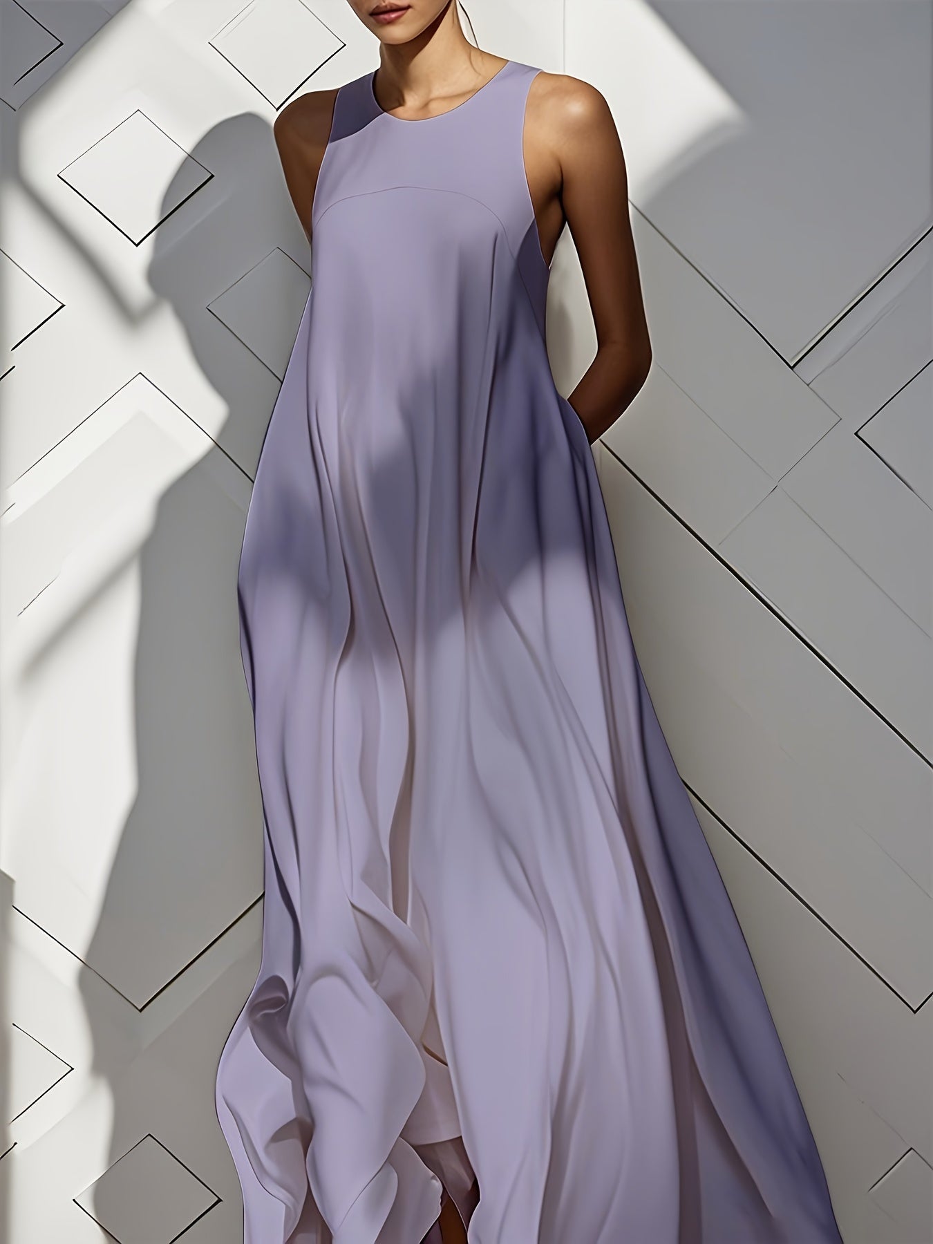 Women's Solid Crew Neck Maxi Vacation Dress - Ruffle detail view