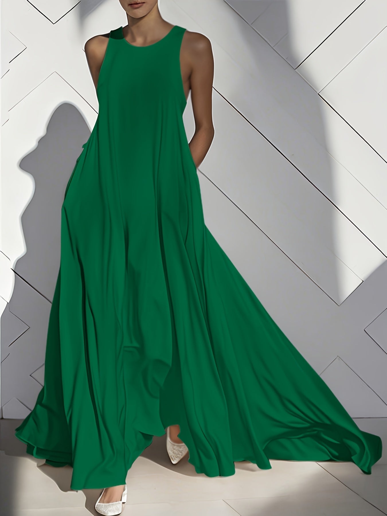 Women's Solid Crew Neck Maxi Vacation Dress - Ruffle detail view