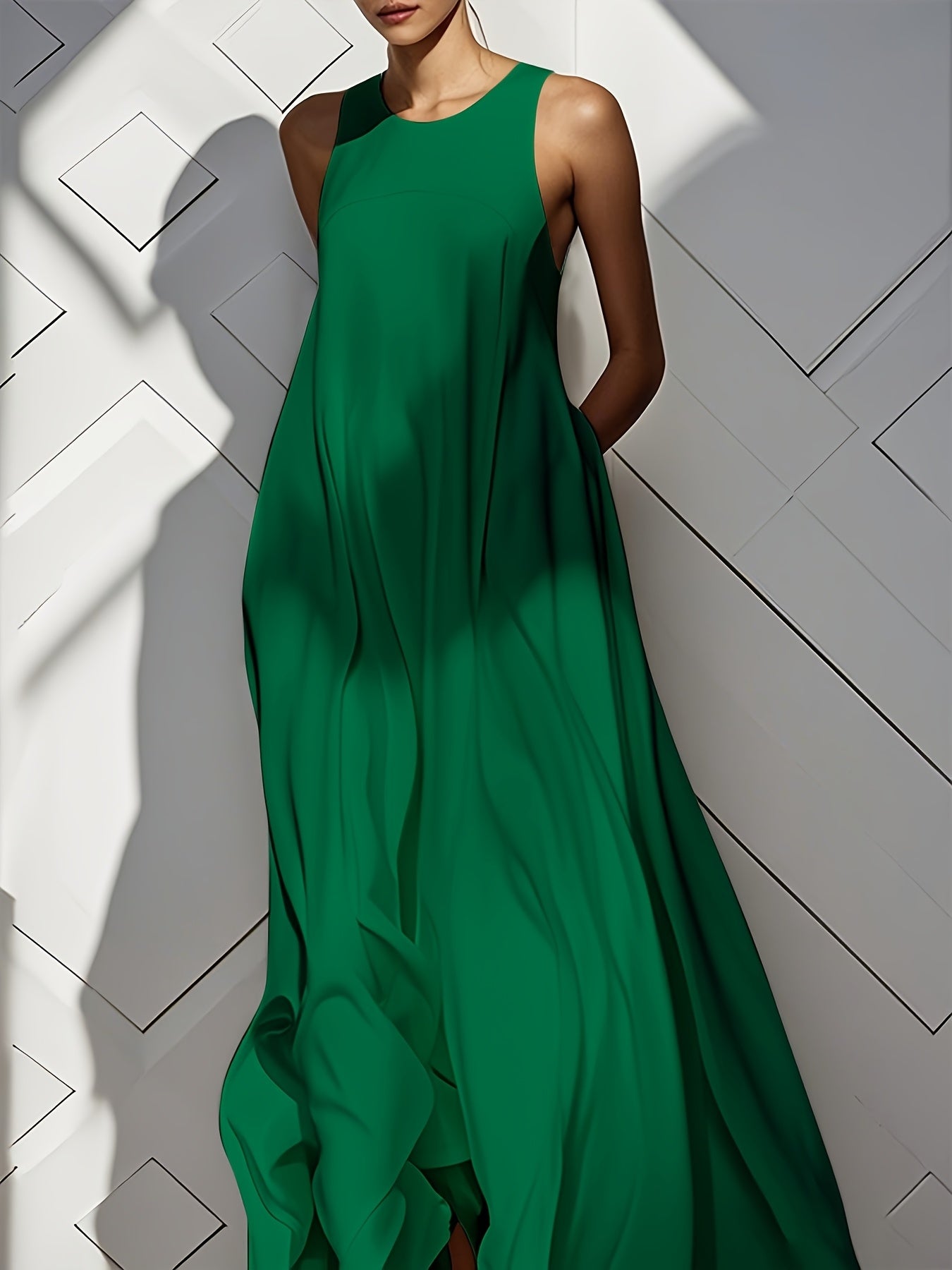 Women's Solid Crew Neck Maxi Vacation Dress - Ruffle detail view