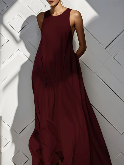 Women's Solid Crew Neck Maxi Vacation Dress - Ruffle detail view