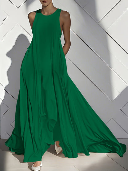 Women's Solid Crew Neck Maxi Vacation Dress - Ruffle – Green option – main product image