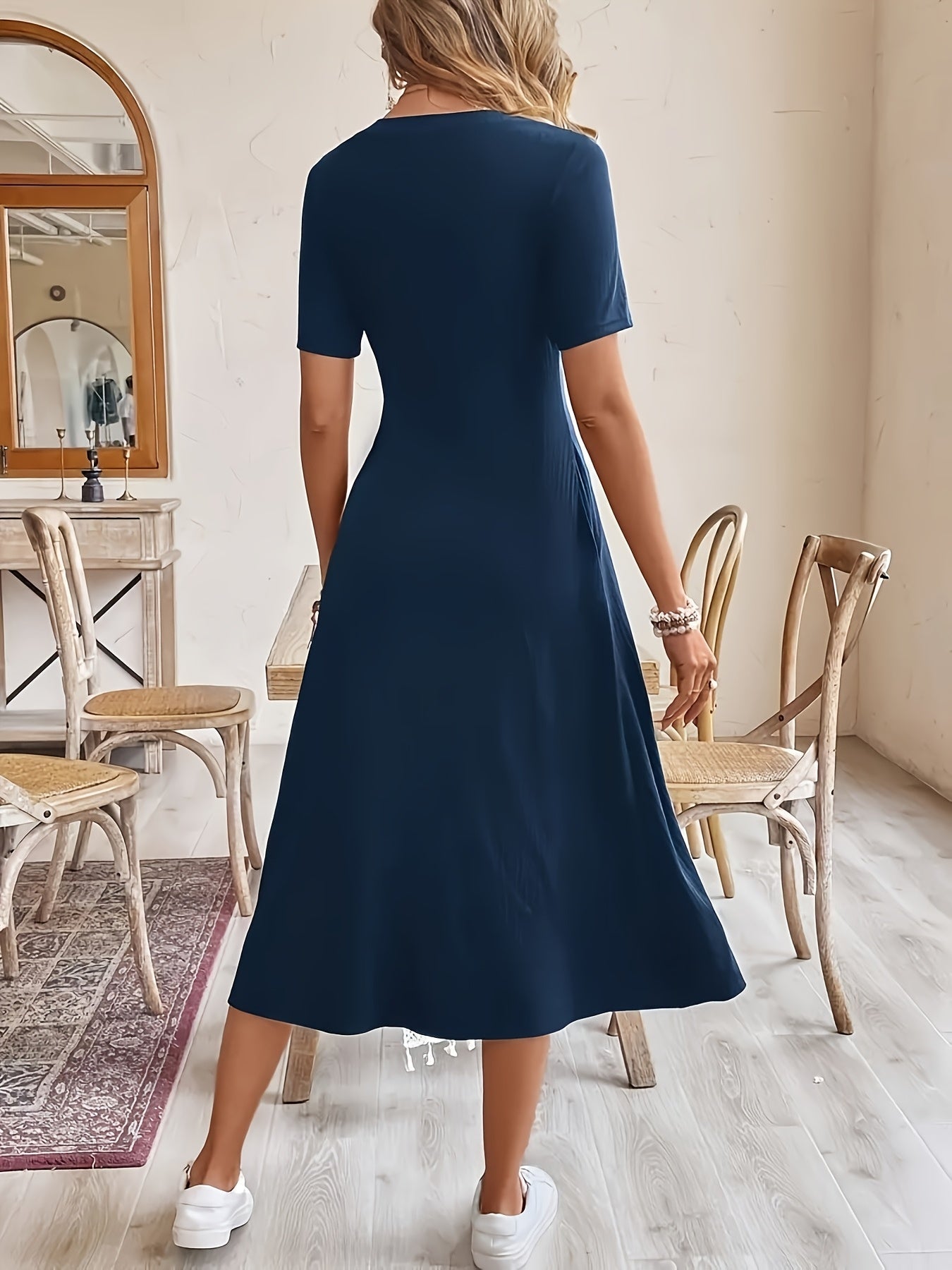 Women's Solid Crew Neck Midi A-Line Dress - Pocket detail view