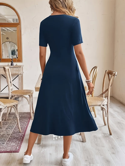 Women's Solid Crew Neck Midi A-Line Dress - Pocket detail view
