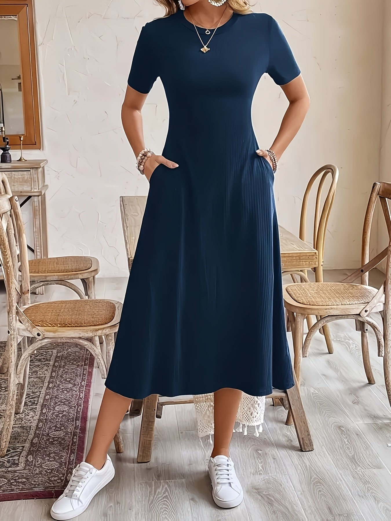 Women's Solid Crew Neck Midi A-Line Dress - Pocket detail view