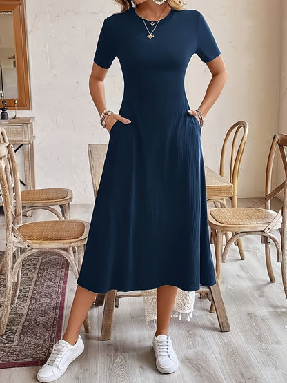 Women's Solid Crew Neck Midi A-Line Dress - Pocket detail view