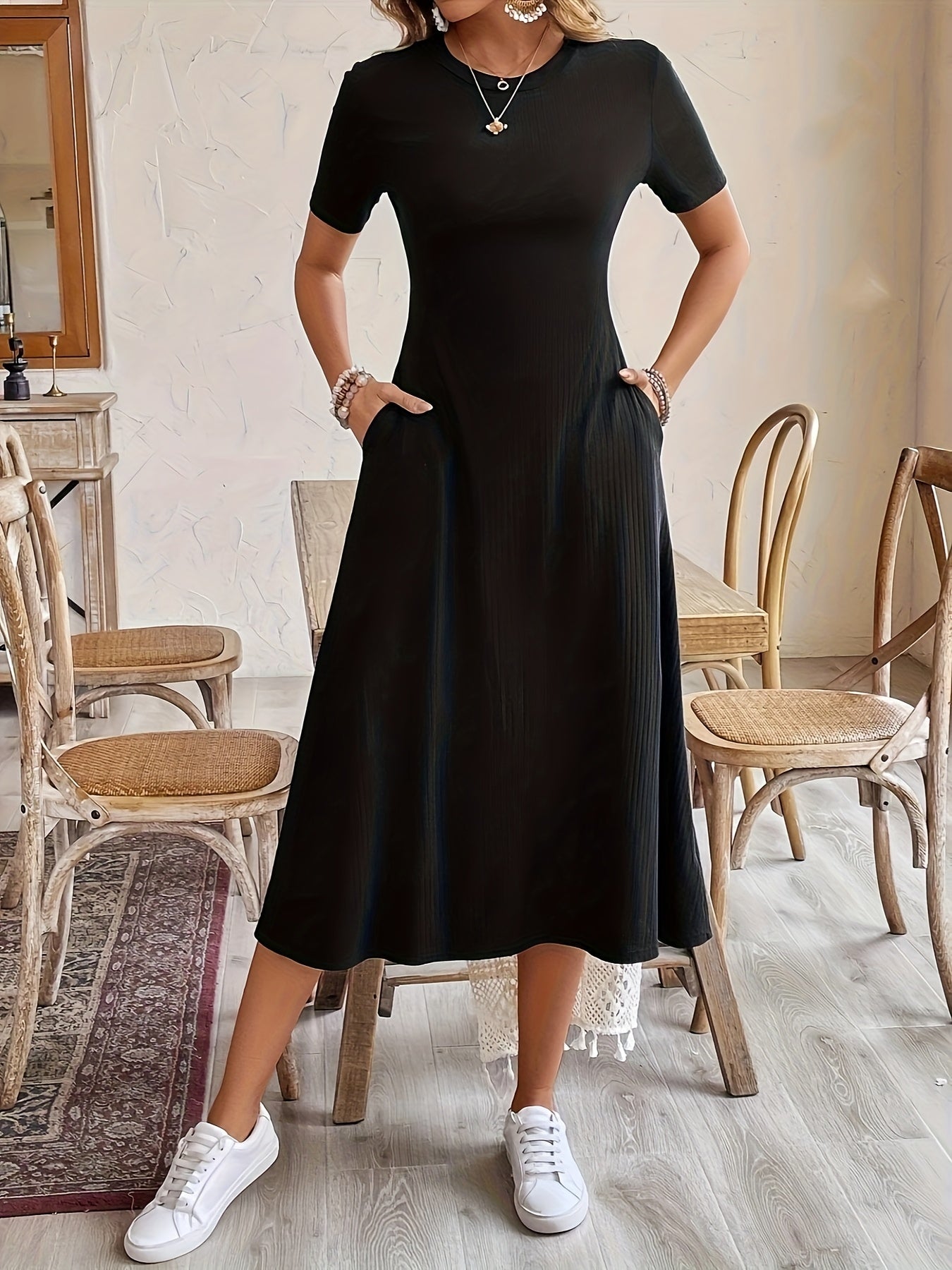 Women's Solid Crew Neck Midi A-Line Dress - Pocket detail view