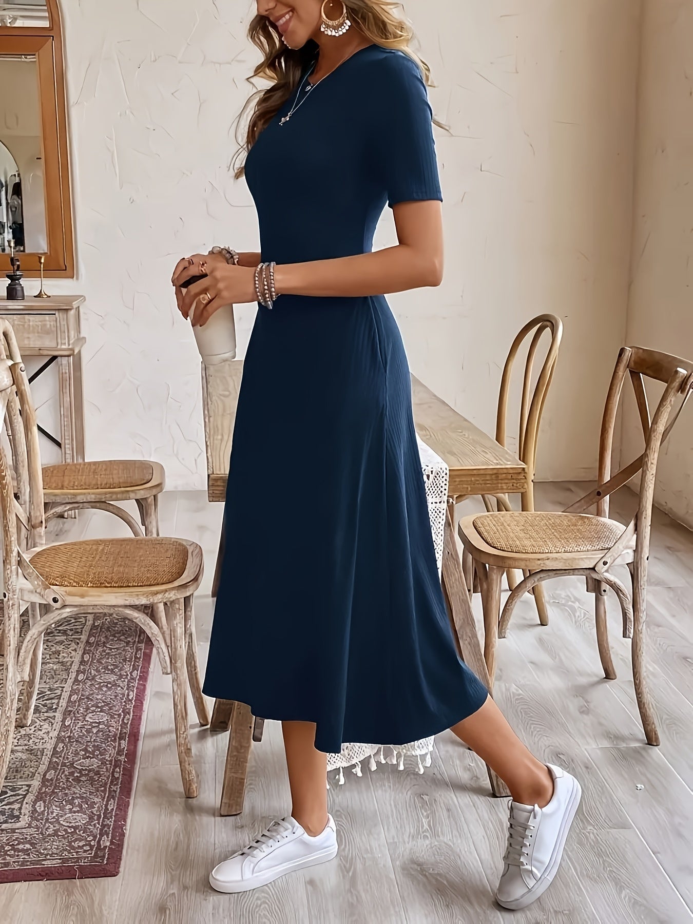 Women's Solid Crew Neck Midi A-Line Dress - Pocket detail view