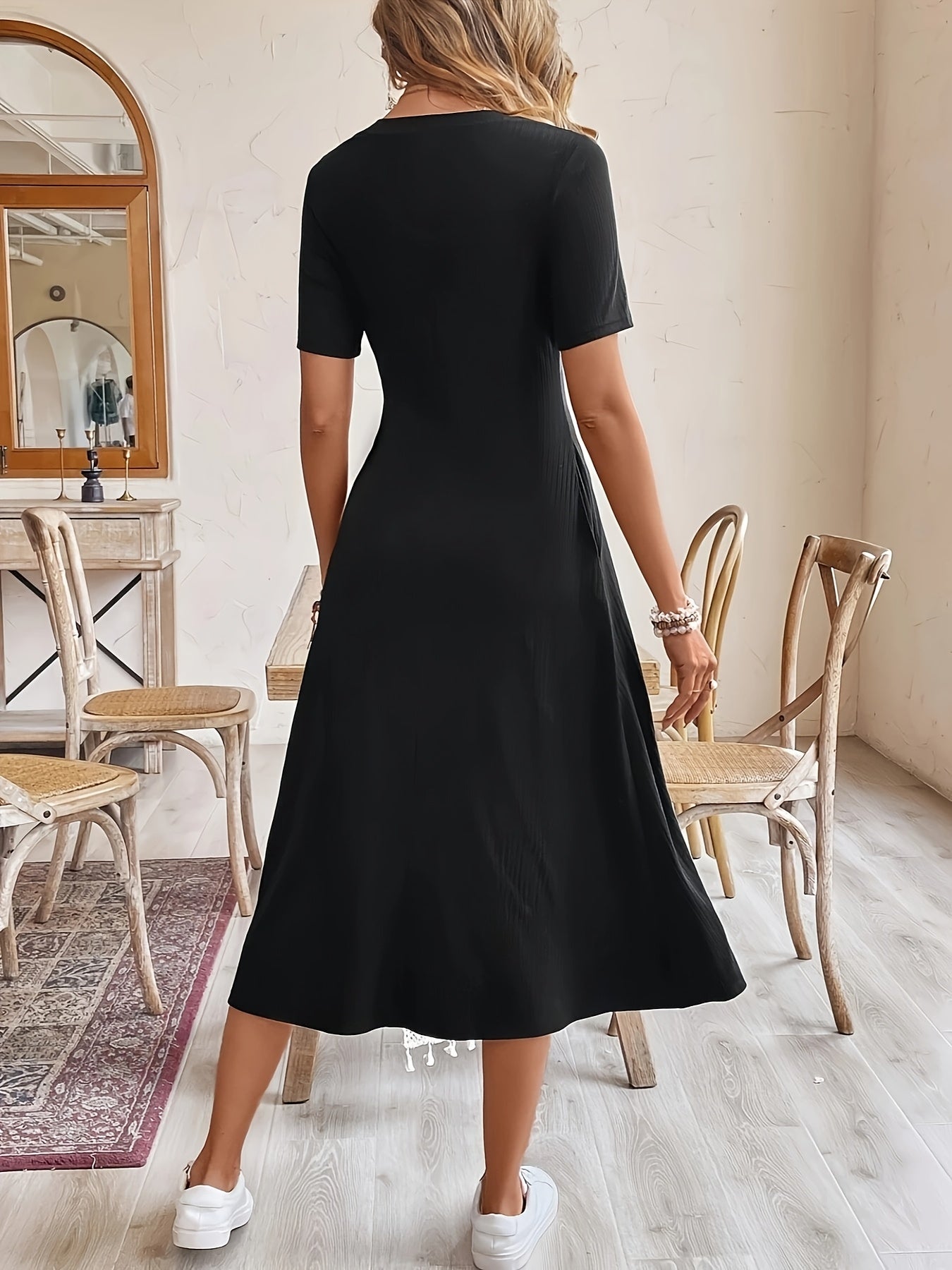 Women's Solid Crew Neck Midi A-Line Dress - Pocket detail view