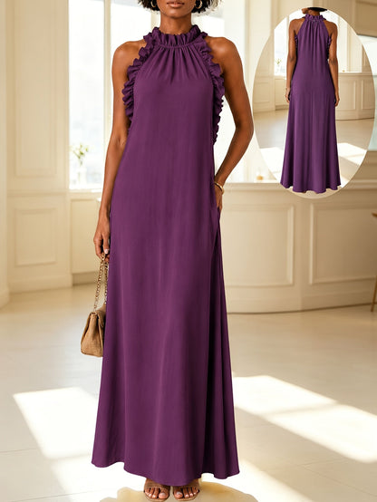 Women's Solid Halter Neck Vacation Dress – Sleeveless detail view