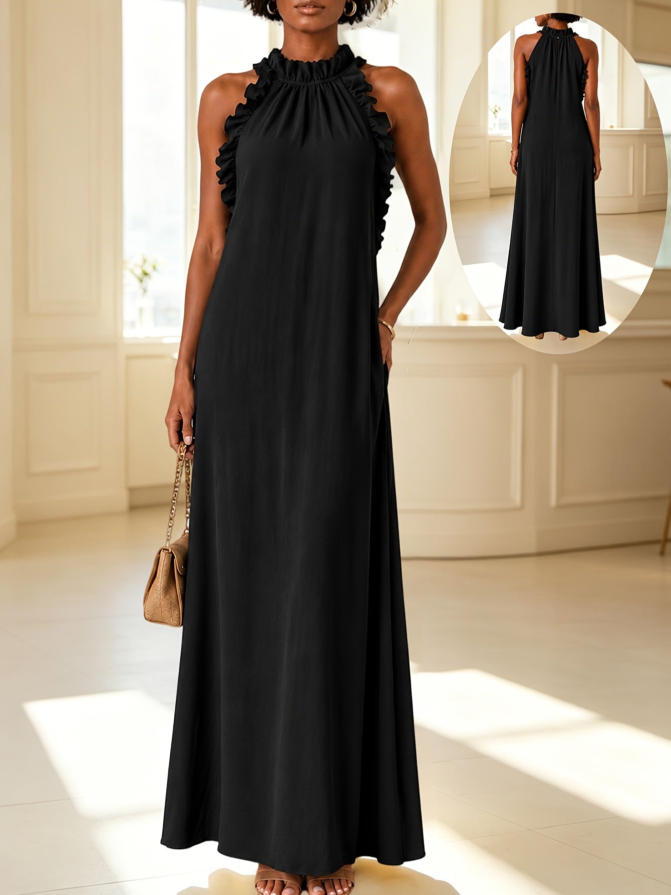 Women's Solid Halter Neck Vacation Dress – Sleeveless detail view