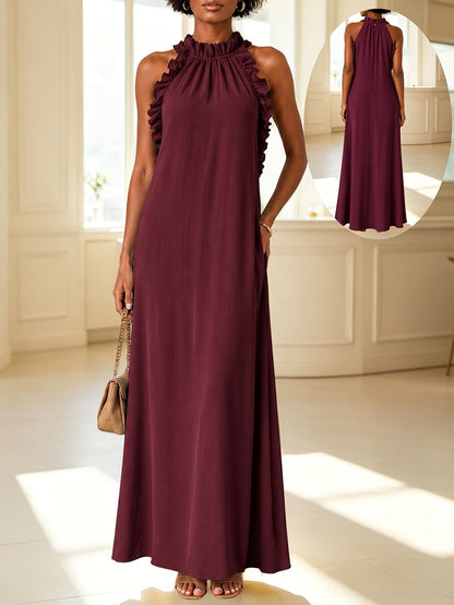 Women's Solid Halter Neck Vacation Dress – Sleeveless detail view
