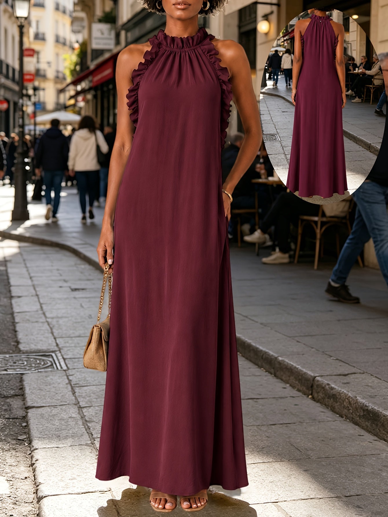 Women's Solid Halter Neck Vacation Dress – Sleeveless detail view