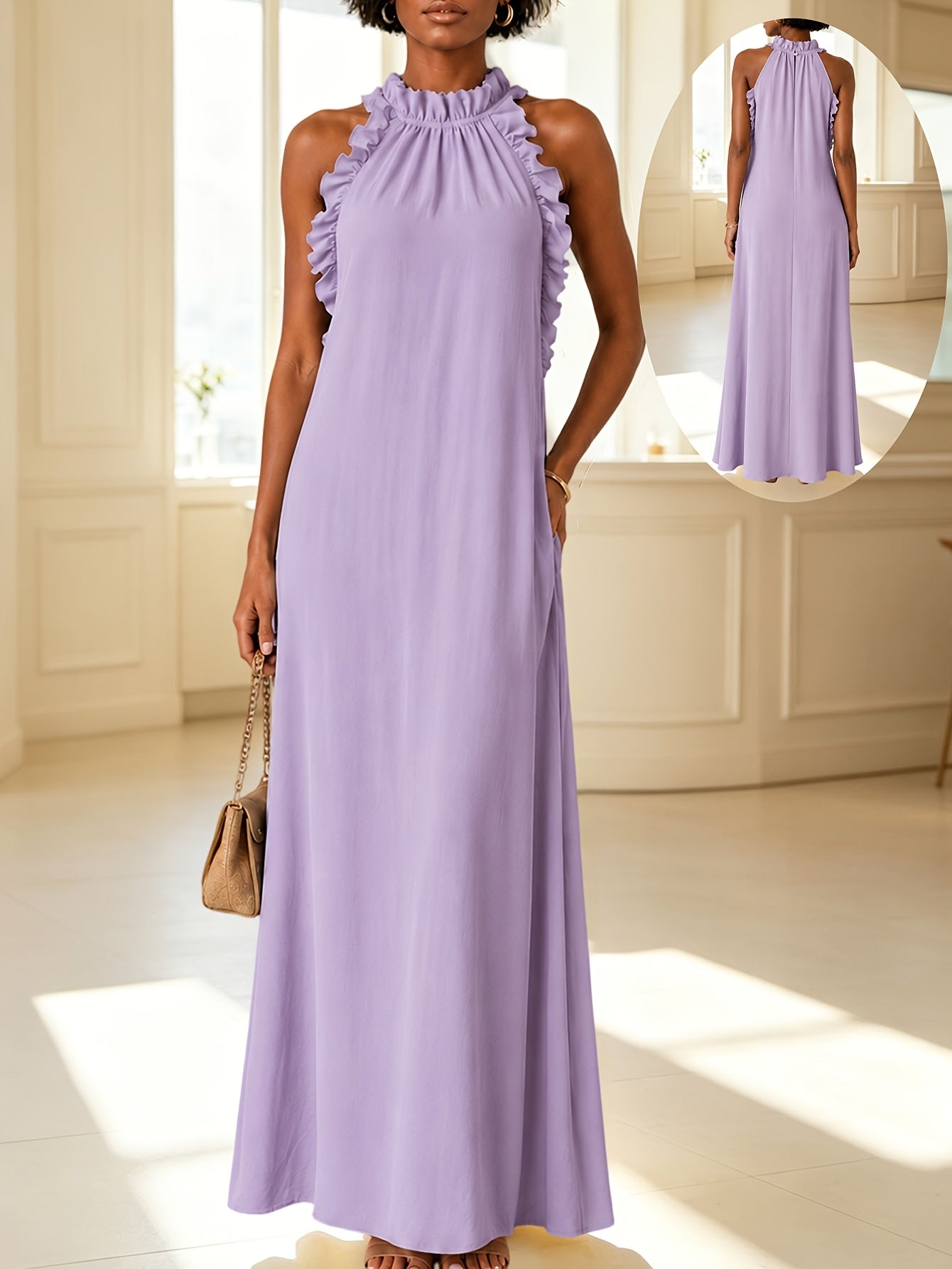 Women's Solid Halter Neck Vacation Dress – Sleeveless detail view
