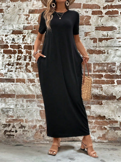 Women's Solid Maxi Casual Dress - Short Sleeve detail view