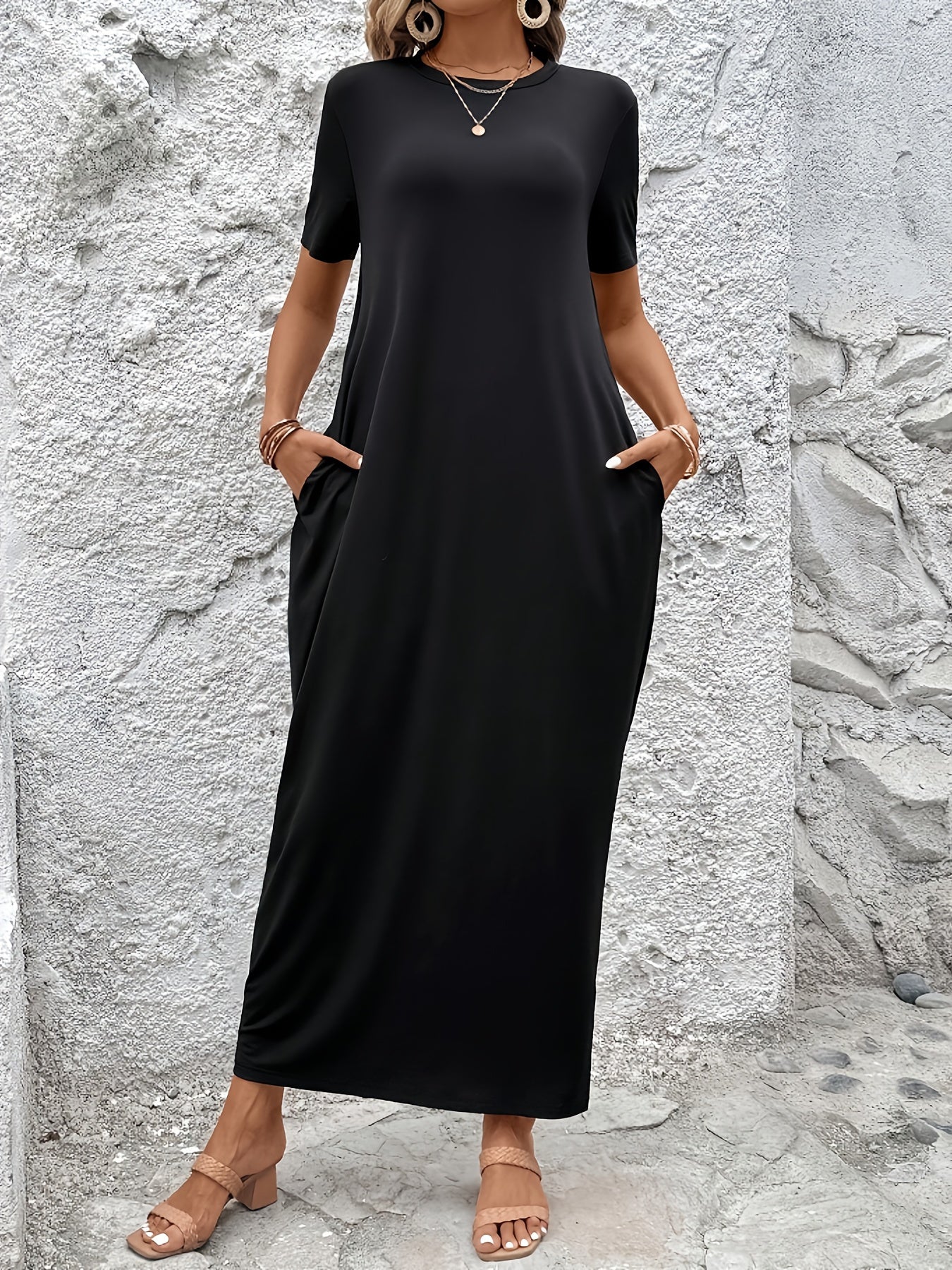 Women's Solid Maxi Casual Dress - Short Sleeve detail view