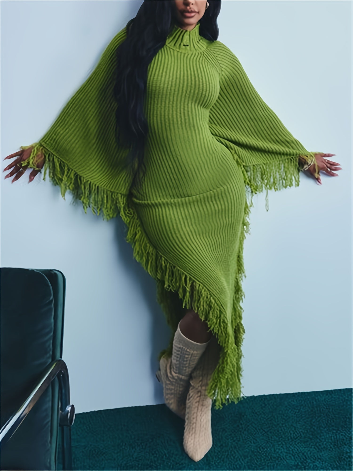Women's Solid Maxi Knit Dress - Long Sleeve – Green option – view 2