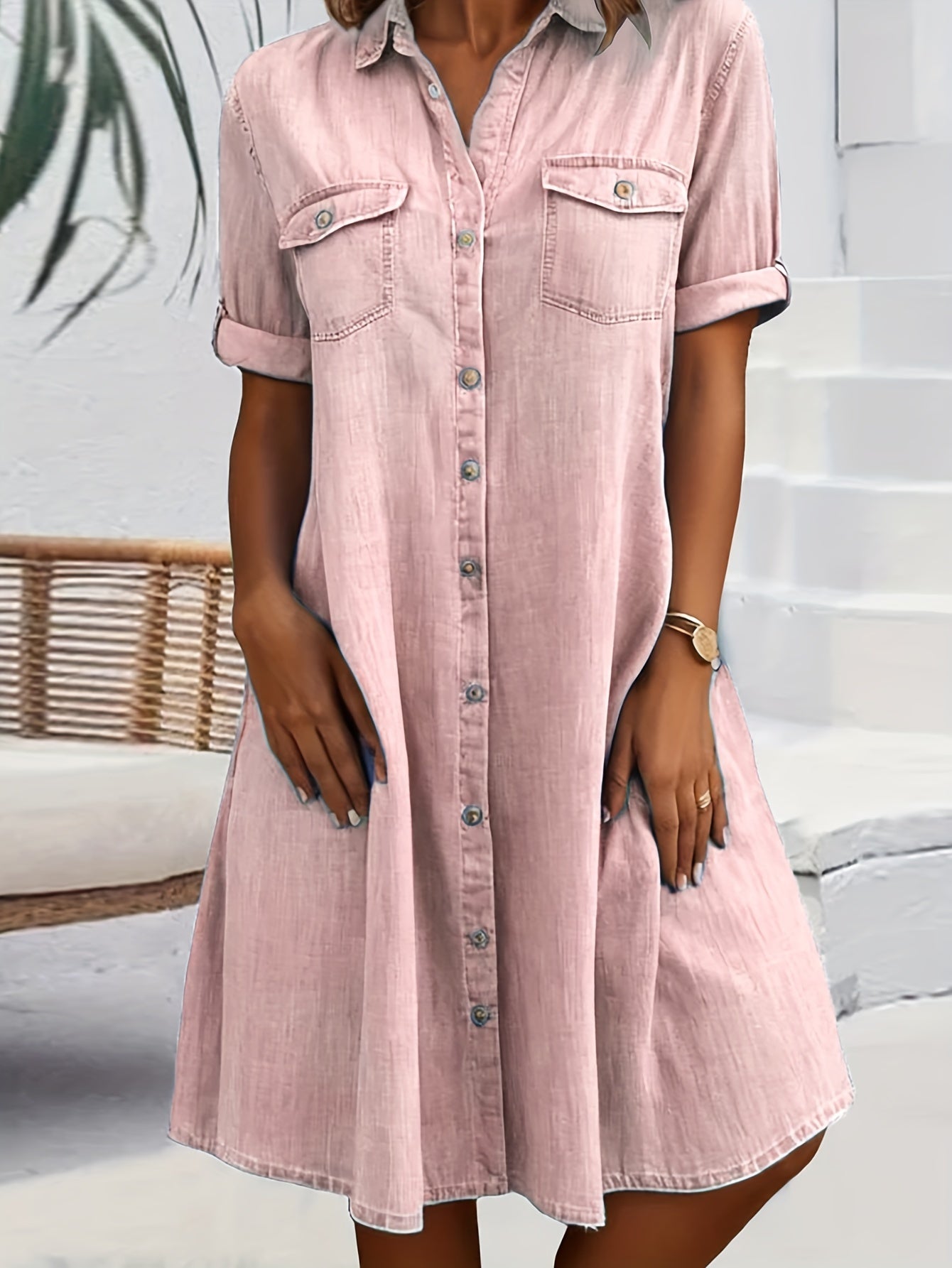 Women's Solid Midi Casual Dress - Button Front detail view