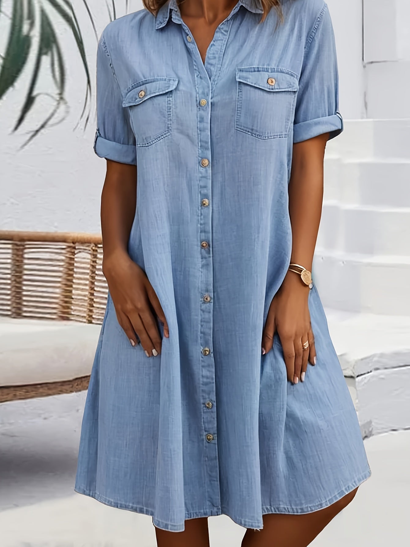 Women's Solid Midi Casual Dress - Button Front detail view