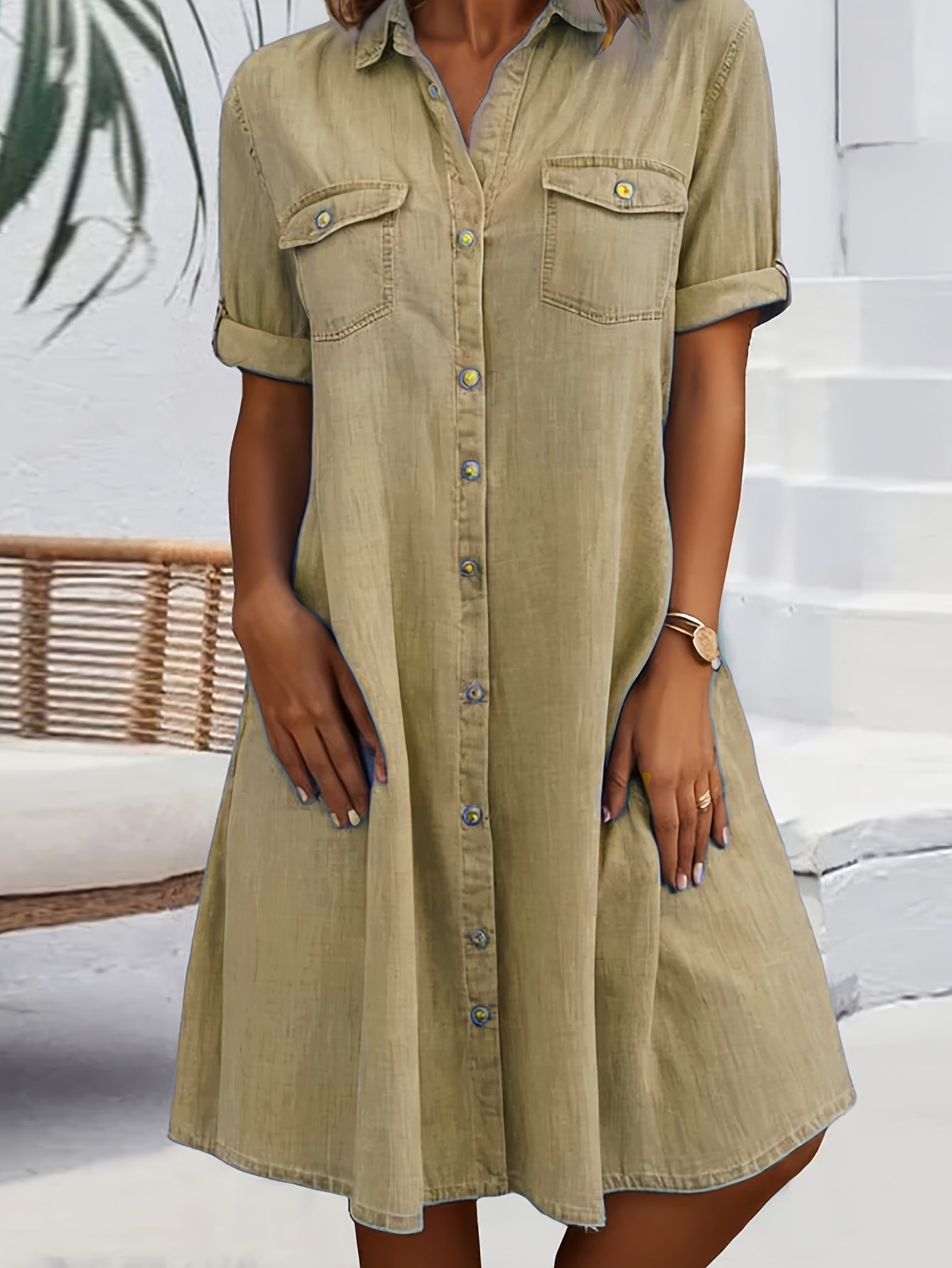 Women's Solid Midi Casual Dress - Button Front – Khaki option – view 2