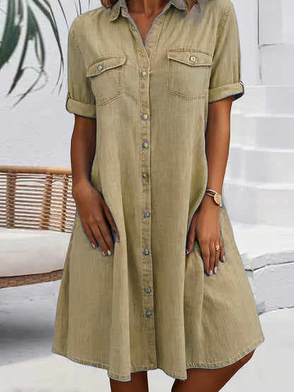Women's Solid Midi Casual Dress - Button Front – Khaki option – view 2