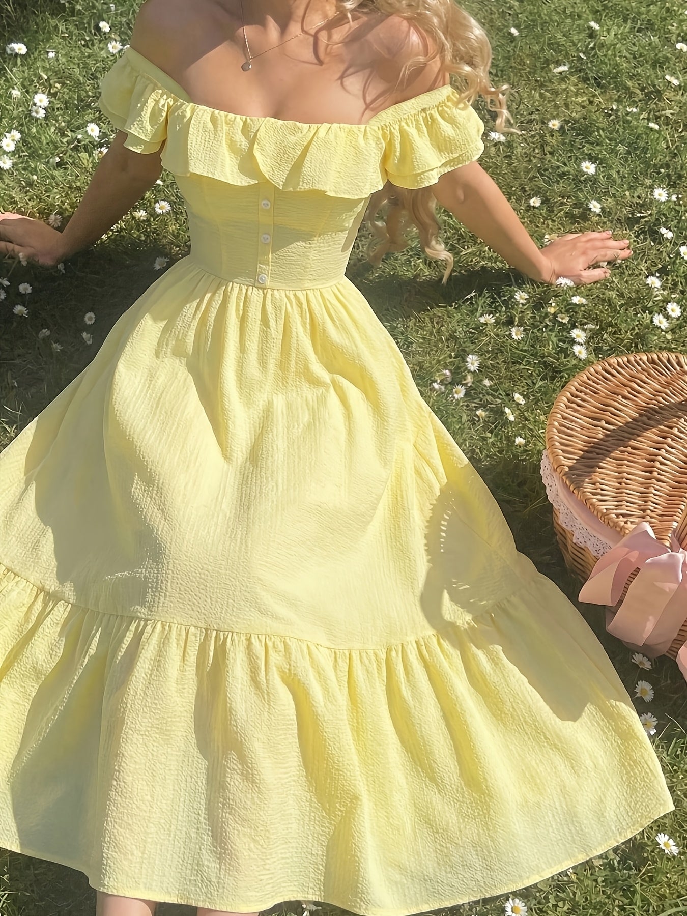 Women's Solid Off Shoulder Summer Dress – Yellow option – main product image