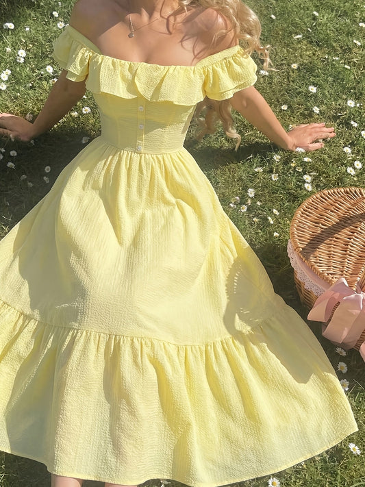 Women's Solid Off Shoulder Summer Dress – Yellow option – main product image