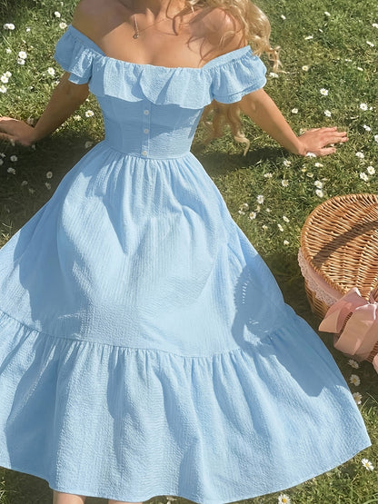 Women's Solid Off Shoulder Summer Dress – Yellow option – view 2
