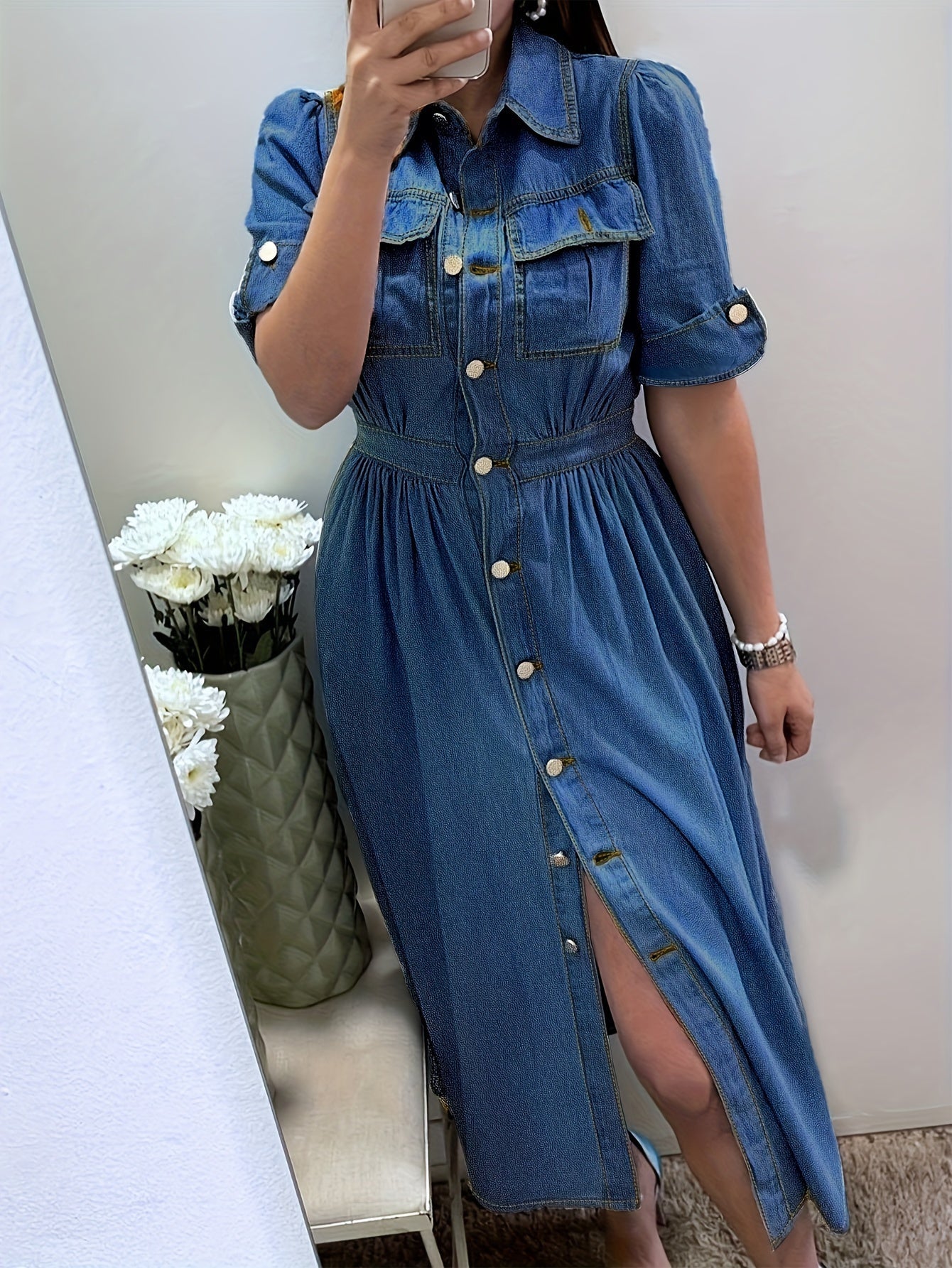 Women's Solid Shirt Dress - Button Front detail view