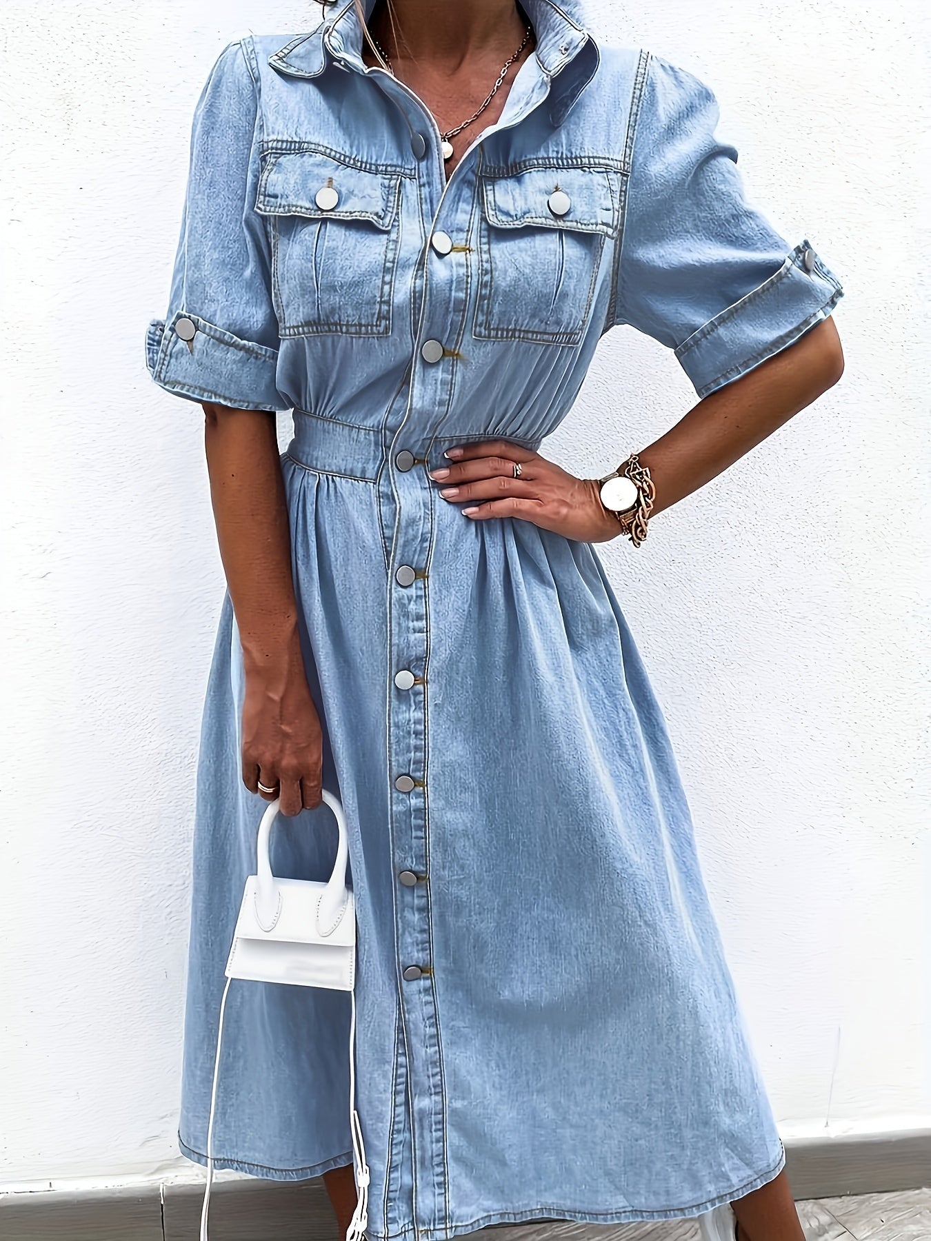 Women's Solid Shirt Dress - Button Front detail view