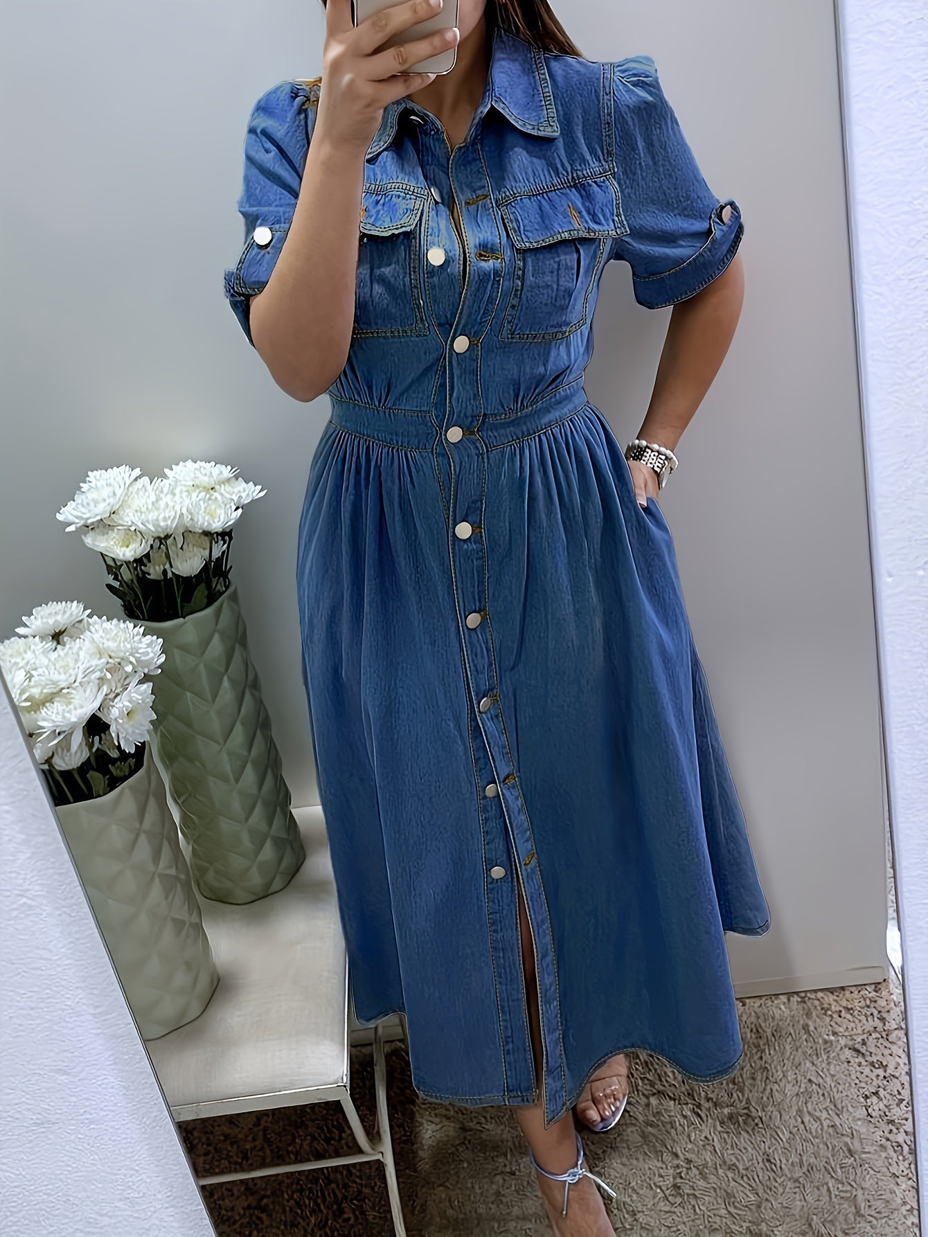 Women's Solid Shirt Dress - Button Front detail view